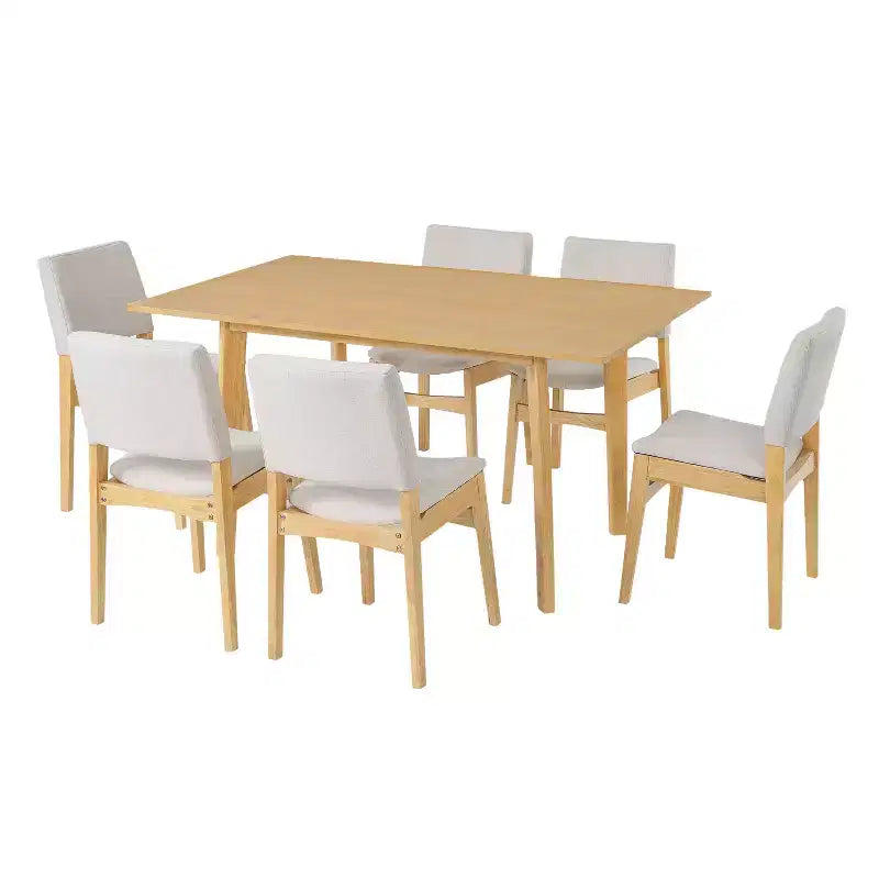 Ensemble de salle à manger moderne 7 pièces avec table en bois massif de 152 cm et 6 chaises empilables