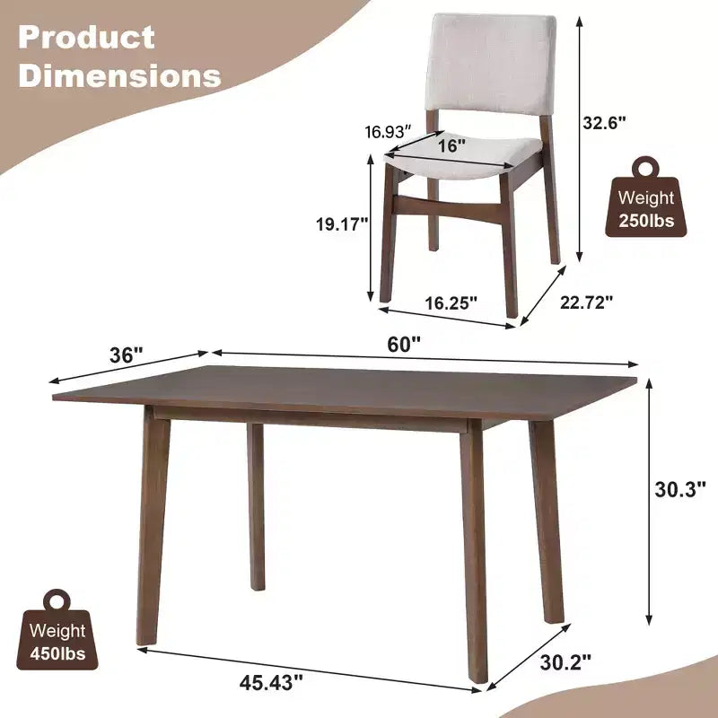 Ensemble de salle à manger moderne 7 pièces avec table en bois massif de 152 cm et 6 chaises empilables