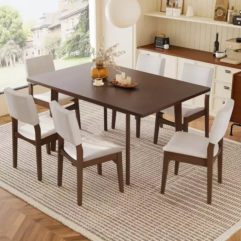 Ensemble de salle à manger moderne 7 pièces avec table en bois massif de 152 cm et 6 chaises empilables