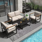 4-Piece Modern Outdoor Conversation Set, Metal Patio Furniture with Wood Accent Arms, Beige Cushions and Coffee Table for Backyard, Poolside, Deck