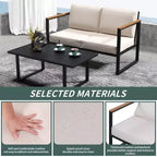 Ensemble de conversation moderne d'extérieur 4 pièces, mobilier de patio en métal avec accoudoirs en bois, coussins beiges et table basse pour jardin, bord de piscine, terrasse