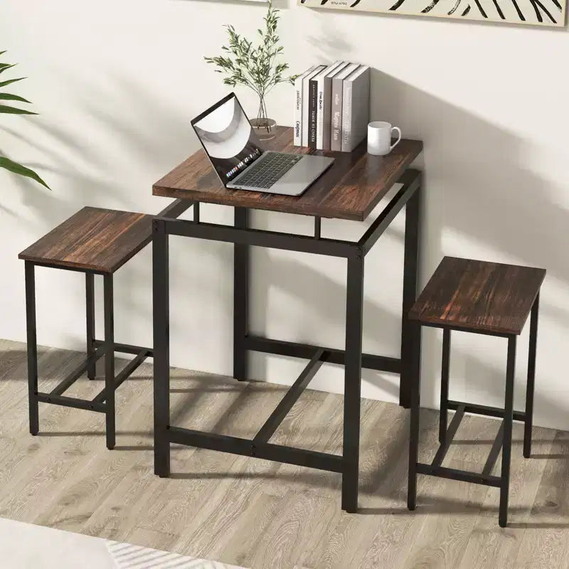 Costway Ensemble de table de bar 3 pièces Table carrée hauteur comptoir avec tabourets Plateau flottant et repose-pieds Ensemble de table de pub industriel pour petits espaces