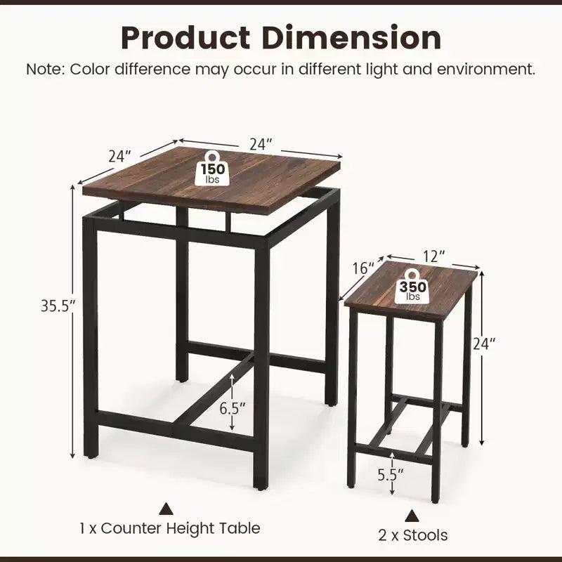 Costway Ensemble de table de bar 3 pièces Table carrée hauteur comptoir avec tabourets Plateau flottant et repose-pieds Ensemble de table de pub industriel pour petits espaces