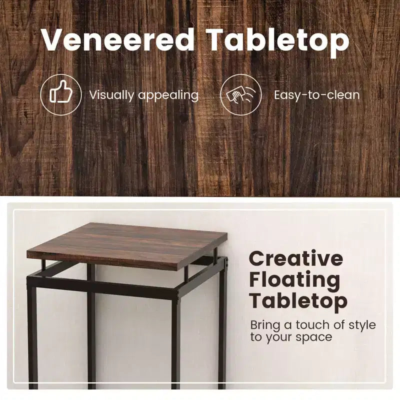 Costway Ensemble de table de bar 3 pièces Table carrée hauteur comptoir avec tabourets Plateau flottant et repose-pieds Ensemble de table de pub industriel pour petits espaces