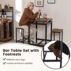 Costway Ensemble de table de bar 3 pièces Table carrée hauteur comptoir avec tabourets Plateau flottant et repose-pieds Ensemble de table de pub industriel pour petits espaces