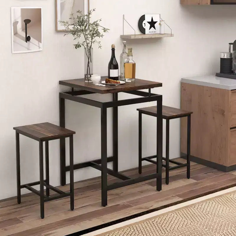 Costway Ensemble de table de bar 3 pièces Table carrée hauteur comptoir avec tabourets Plateau flottant et repose-pieds Ensemble de table de pub industriel pour petits espaces