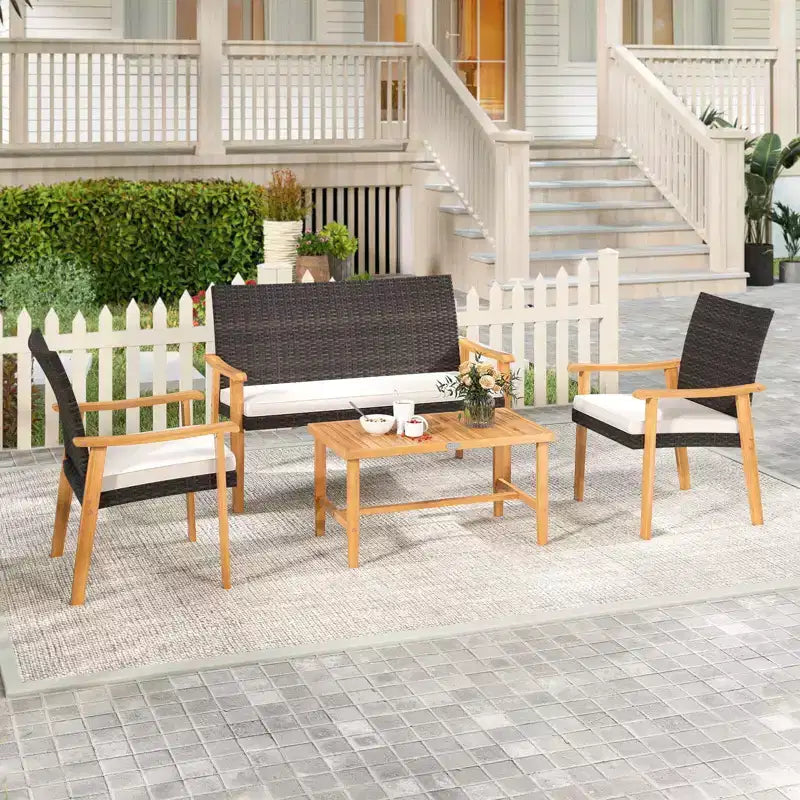 Costway Ensemble de Meubles de Jardin 8 Pièces avec Table Basse en Bois d'Acacia et Coussins Moelleux pour Jardin