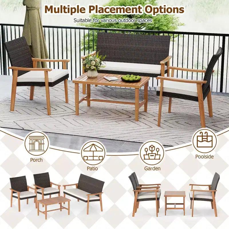 Costway Ensemble de Meubles de Jardin 8 Pièces avec Table Basse en Bois d'Acacia et Coussins Moelleux pour Jardin