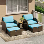 Salon de jardin 5 pièces en osier, avec table basse en verre trempé, fauteuils avec poufs et coussins pour jardin et terrasse.