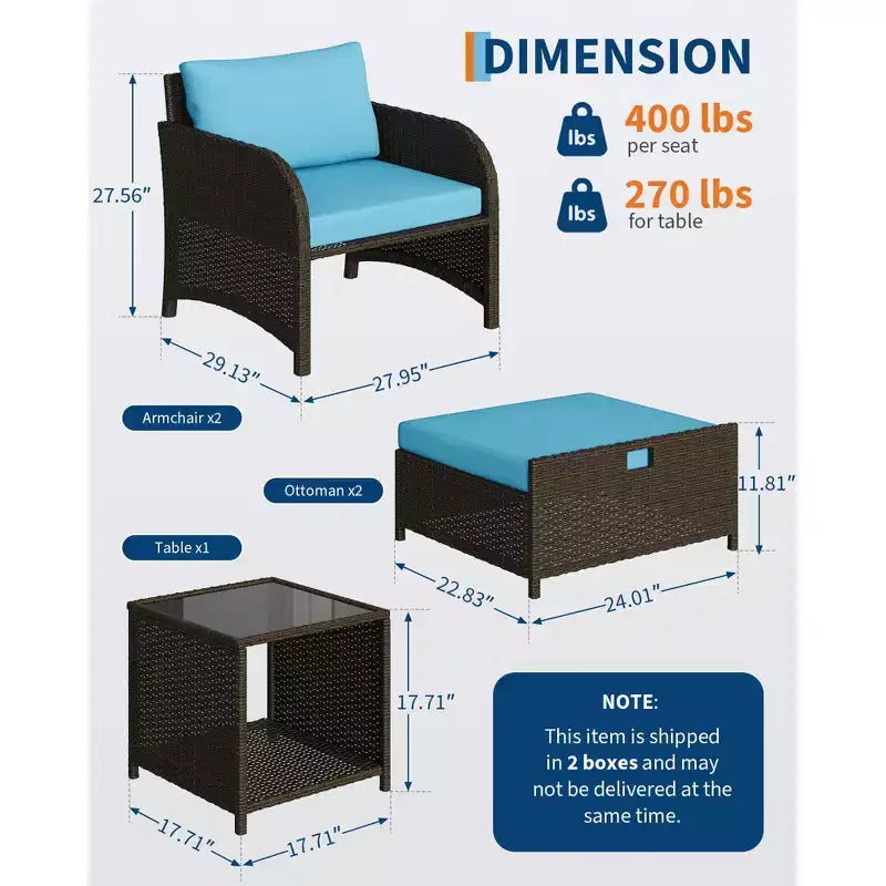 Salon de jardin 5 pièces en osier, avec table basse en verre trempé, fauteuils avec poufs et coussins pour jardin et terrasse.