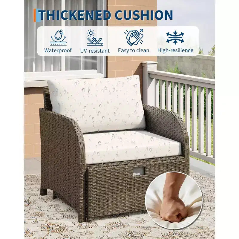 Salon de jardin 5 pièces en osier, avec table basse en verre trempé, fauteuils avec poufs et coussins pour jardin et terrasse.