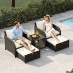 Salon de jardin 5 pièces en osier, avec table basse en verre trempé, fauteuils avec poufs et coussins pour jardin et terrasse.