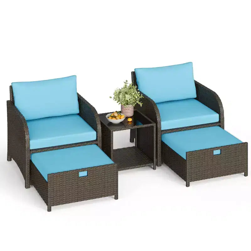 Salon de jardin 5 pièces en osier, avec table basse en verre trempé, fauteuils avec poufs et coussins pour jardin et terrasse.