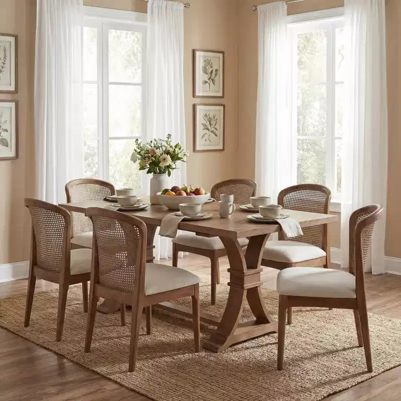 Ensemble de salle à manger extensible 7 pièces Elowen Christopher Knight Home en bois d'hévéa de style fermier avec chaises rembourrées en tissu rotin