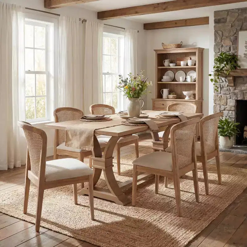 Ensemble de salle à manger extensible 7 pièces Elowen Christopher Knight Home en bois d'hévéa de style fermier avec chaises rembourrées en tissu rotin