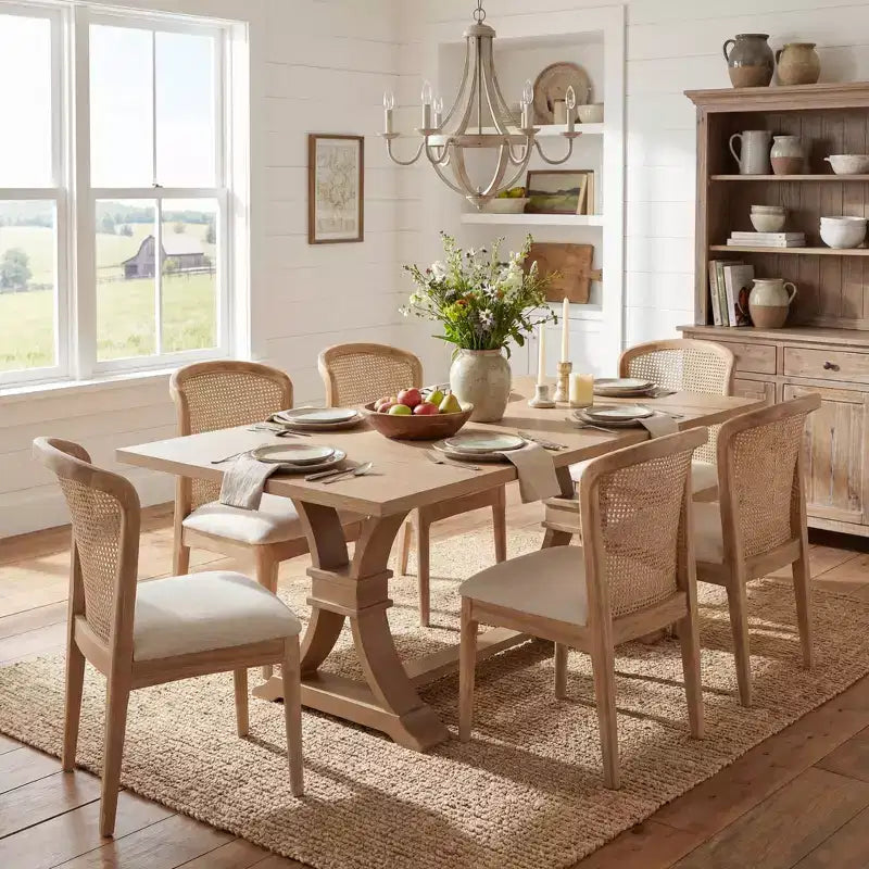Christopher Knight Home Elowen 7-Piece Farmhouse Expandable Rubberwood Dining Set with Rattan Fabric Upholstered Chairs