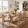 Christopher Knight Home Elowen 7-Piece Farmhouse Expandable Rubberwood Dining Set with Rattan Fabric Upholstered Chairs