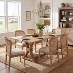 Christopher Knight Home Elowen 7-Piece Farmhouse Expandable Rubberwood Dining Set with Rattan Fabric Upholstered Chairs