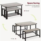 Ensemble de salle à manger compact pour 4-6 personnes, table rectangulaire en métal et bois avec 2 bancs, assemblage facile, idéal pour les appartements et les petits espaces.