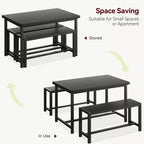 Ensemble de salle à manger compact pour 4-6 personnes, table rectangulaire en métal et bois avec 2 bancs, assemblage facile, idéal pour les appartements et les petits espaces.