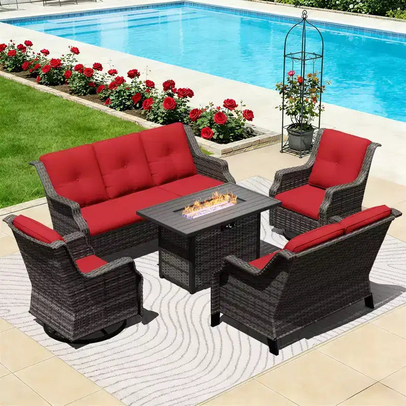 Ensemble modulaire d'extérieur UPTIOT avec canapé 3 places, causeuse, fauteuils à bascule et table brasero convertible