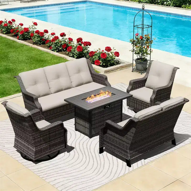 Ensemble modulaire d'extérieur UPTIOT avec canapé 3 places, causeuse, fauteuils à bascule et table brasero convertible