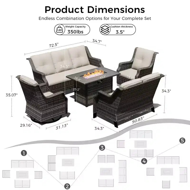 Ensemble modulaire d'extérieur UPTIOT avec canapé 3 places, causeuse, fauteuils à bascule et table brasero convertible