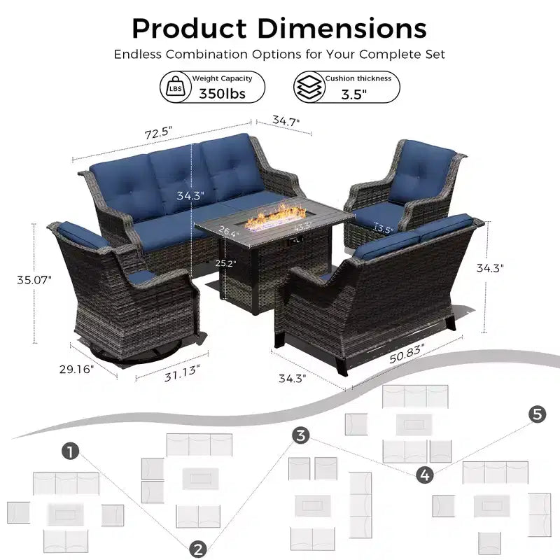 Ensemble modulaire d'extérieur UPTIOT avec canapé 3 places, causeuse, fauteuils à bascule et table brasero convertible