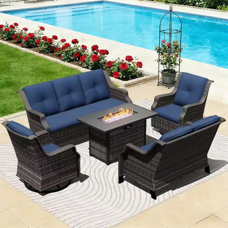 Ensemble modulaire d'extérieur UPTIOT avec canapé 3 places, causeuse, fauteuils à bascule et table brasero convertible