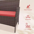 Ensemble de meubles de patio extérieur 4 pièces, ensembles de conversation en rotin osier, ensemble de patio bistrot avec 2 chaises, coussin doux, causeuse et 1 table basse en verre