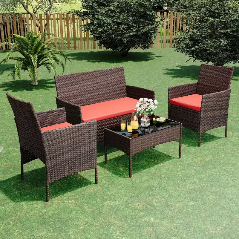 Ensemble de meubles de patio extérieur 4 pièces, ensembles de conversation en rotin osier, ensemble de patio bistrot avec 2 chaises, coussin doux, causeuse et 1 table basse en verre