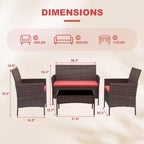 Ensemble de meubles de patio extérieur 4 pièces, ensembles de conversation en rotin osier, ensemble de patio bistrot avec 2 chaises, coussin doux, causeuse et 1 table basse en verre