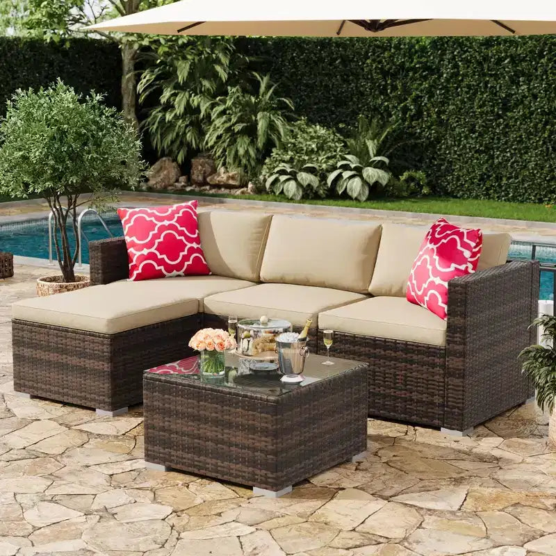 Ensemble de meubles de patio extérieur 4 pièces, ensembles de conversation en rotin osier, ensemble de patio bistrot avec 2 chaises, coussin doux, causeuse et 1 table basse en verre