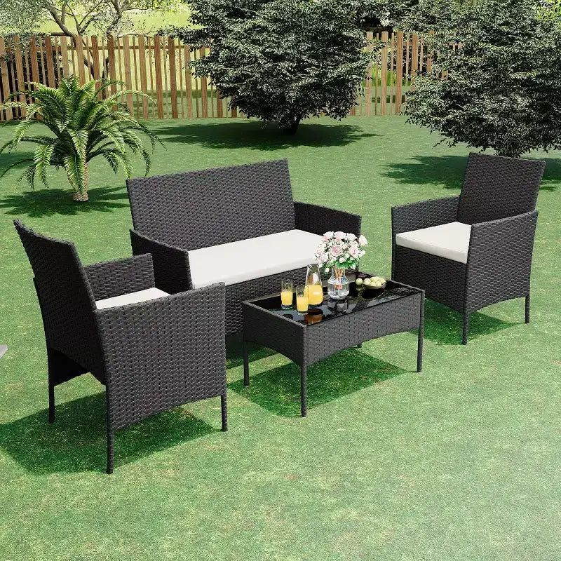 Ensemble de meubles de patio extérieur 4 pièces, ensembles de conversation en rotin osier, ensemble de patio bistrot avec 2 chaises, coussin doux, causeuse et 1 table basse en verre