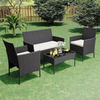 Ensemble de meubles de patio extérieur 4 pièces, ensembles de conversation en rotin osier, ensemble de patio bistrot avec 2 chaises, coussin doux, causeuse et 1 table basse en verre