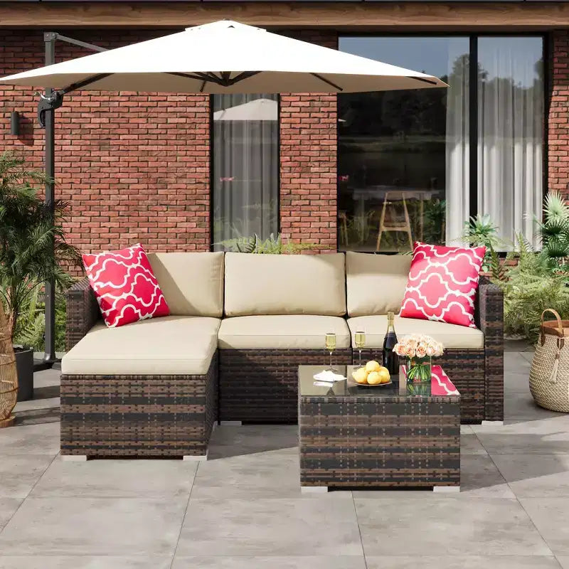 Ensemble de meubles de patio extérieur 4 pièces, ensembles de conversation en rotin osier, ensemble de patio bistrot avec 2 chaises, coussin doux, causeuse et 1 table basse en verre