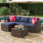 Ensemble de meubles de patio extérieur 4 pièces, ensembles de conversation en rotin osier, ensemble de patio bistrot avec 2 chaises, coussin doux, causeuse et 1 table basse en verre