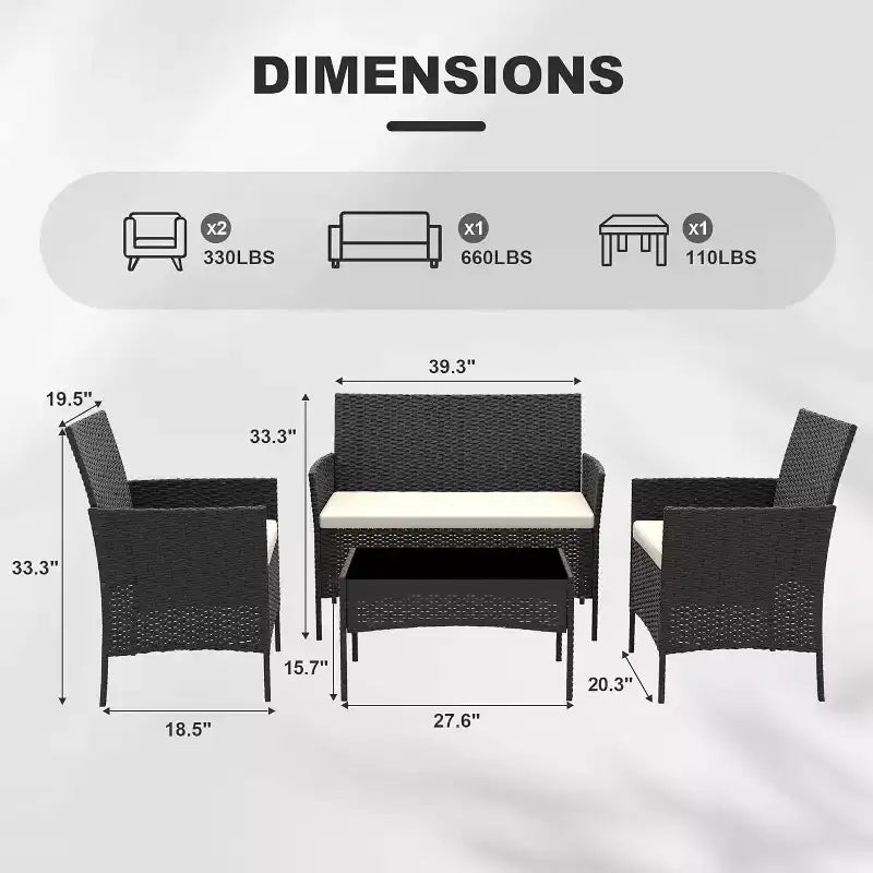 Ensemble de meubles de patio extérieur 4 pièces, ensembles de conversation en rotin osier, ensemble de patio bistrot avec 2 chaises, coussin doux, causeuse et 1 table basse en verre