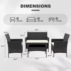 Ensemble de meubles de patio extérieur 4 pièces, ensembles de conversation en rotin osier, ensemble de patio bistrot avec 2 chaises, coussin doux, causeuse et 1 table basse en verre