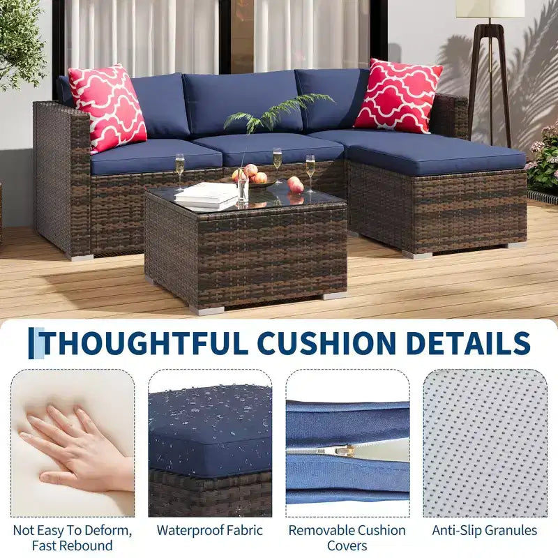 Ensemble de meubles de patio extérieur 4 pièces, ensembles de conversation en rotin osier, ensemble de patio bistrot avec 2 chaises, coussin doux, causeuse et 1 table basse en verre