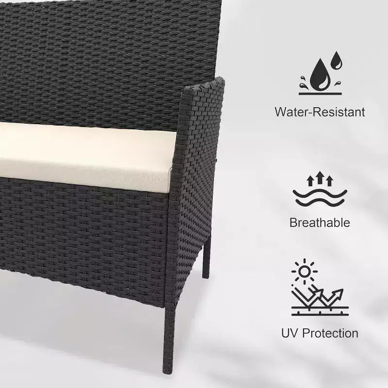 Ensemble de meubles de patio extérieur 4 pièces, ensembles de conversation en rotin osier, ensemble de patio bistrot avec 2 chaises, coussin doux, causeuse et 1 table basse en verre