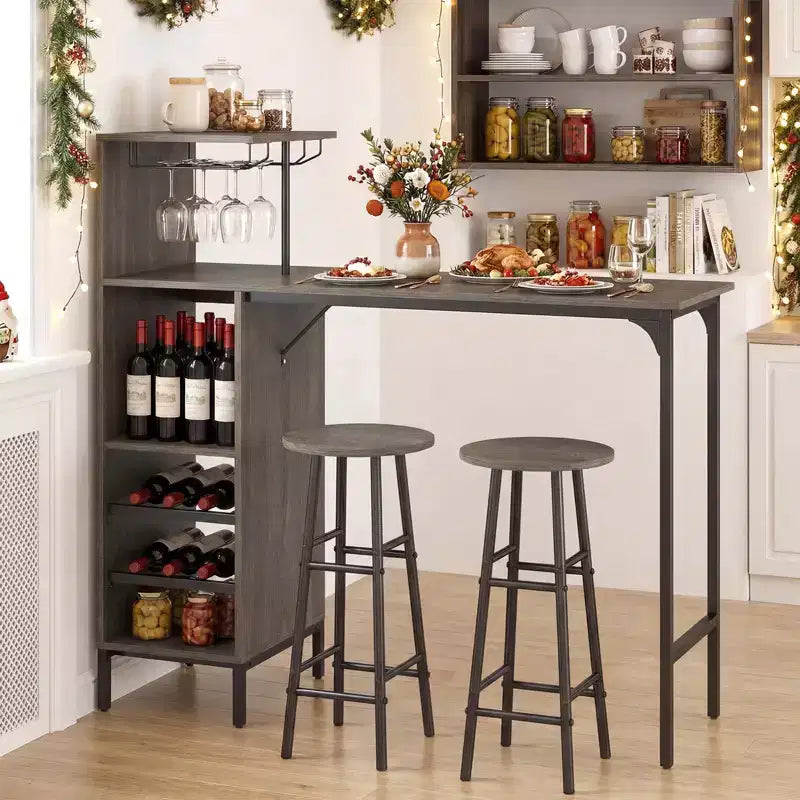 Costway Ensemble table de bar et chaises 3 pièces Table et tabourets de pub industriels avec porte-bouteilles Marron/Chêne