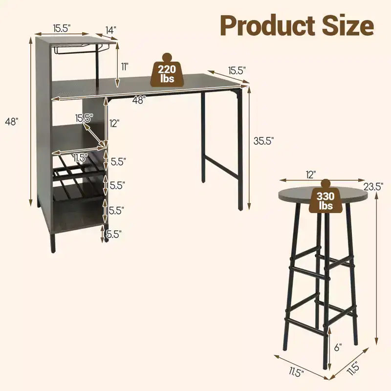 Costway Ensemble table de bar et chaises 3 pièces Table et tabourets de pub industriels avec porte-bouteilles Marron/Chêne
