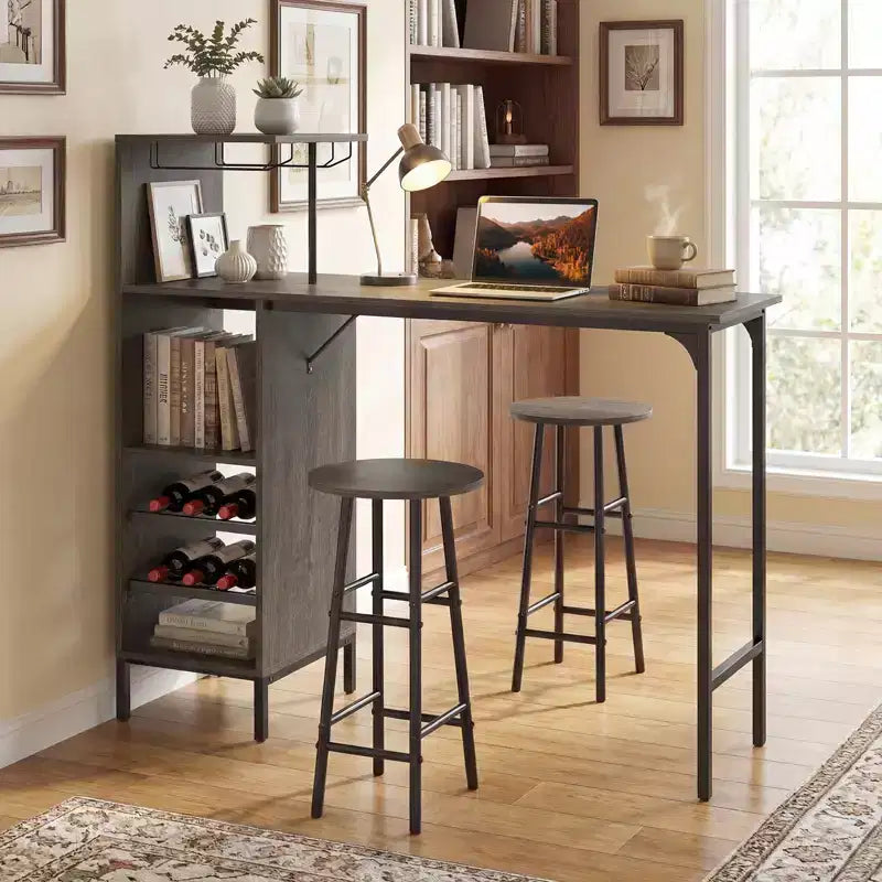 Costway Ensemble table de bar et chaises 3 pièces Table et tabourets de pub industriels avec porte-bouteilles Marron/Chêne