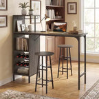 Costway Ensemble table de bar et chaises 3 pièces Table et tabourets de pub industriels avec porte-bouteilles Marron/Chêne