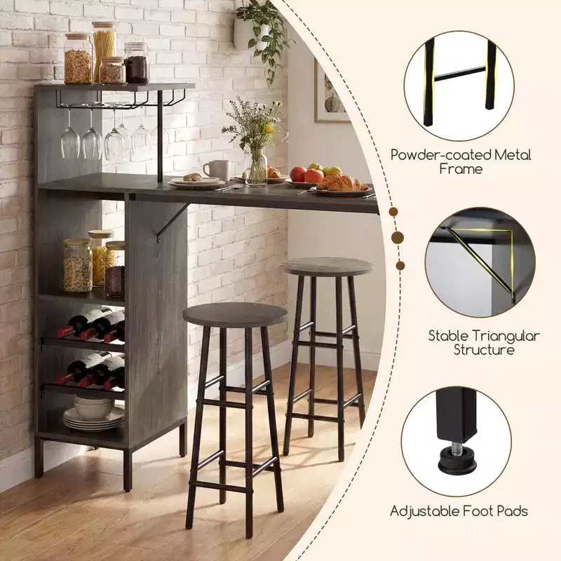 Costway Ensemble table de bar et chaises 3 pièces Table et tabourets de pub industriels avec porte-bouteilles Marron/Chêne