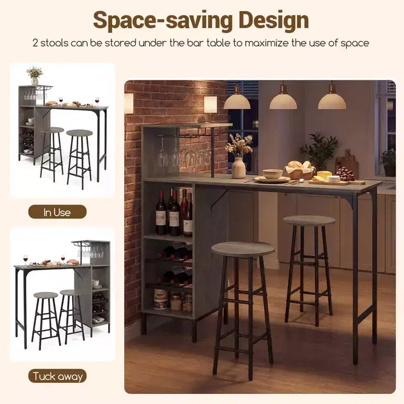Costway Ensemble table de bar et chaises 3 pièces Table et tabourets de pub industriels avec porte-bouteilles Marron/Chêne