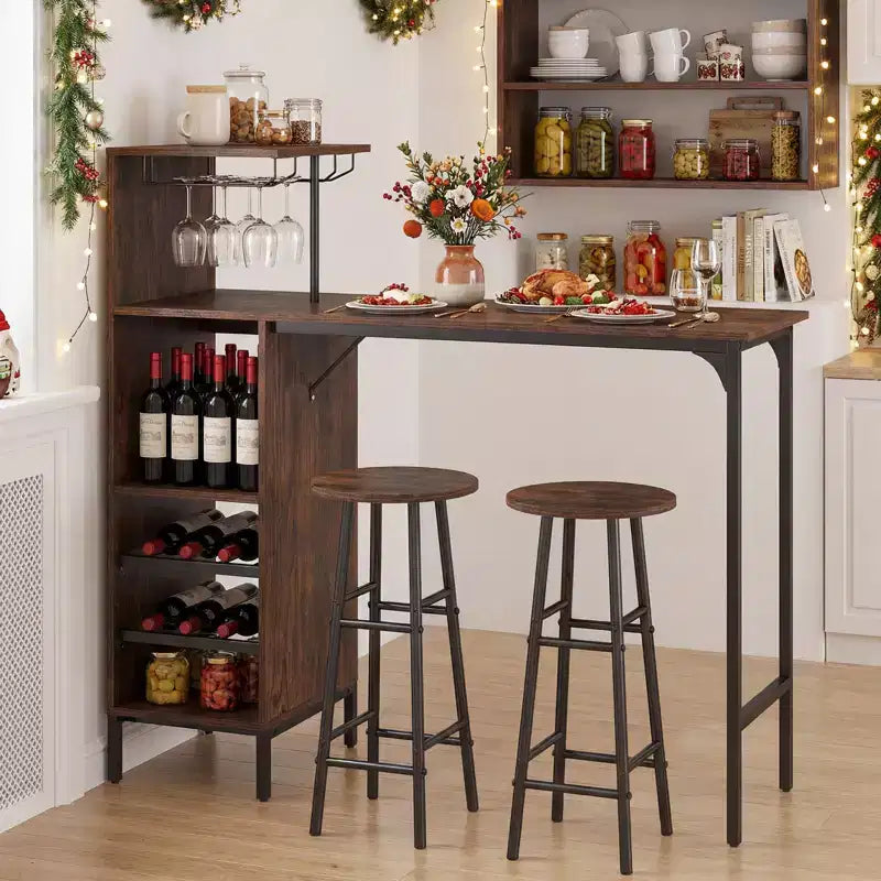 Costway Ensemble table de bar et chaises 3 pièces Table et tabourets de pub industriels avec porte-bouteilles Marron/Chêne