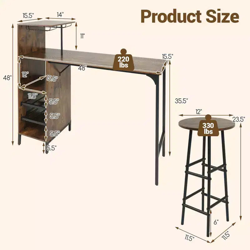 Costway Ensemble table de bar et chaises 3 pièces Table et tabourets de pub industriels avec porte-bouteilles Marron/Chêne