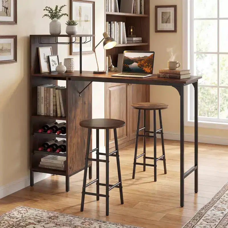 Costway Ensemble table de bar et chaises 3 pièces Table et tabourets de pub industriels avec porte-bouteilles Marron/Chêne